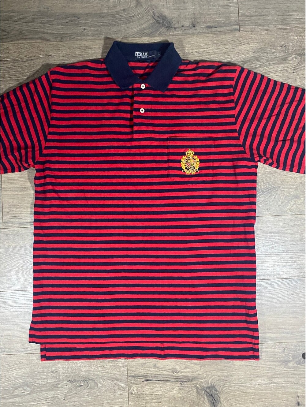Vintage Polo Ralph Lauren Mens L Red Navy Stripe Crest Pocket Polo Shirt